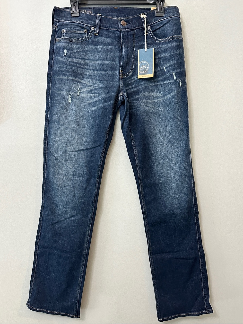 Hollister Slim Straight Jeans Mens 32x32 Dark Wash Distressed NWT Stretch